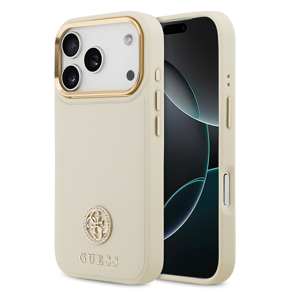 Apple iPhone 17 Pro Kılıf Guess Orjinal Lisanslı M-safe Şarj Özellikli Grained Yazı ve Taşlı 4G Logolu Kapak