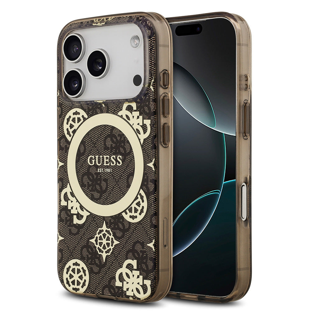 Apple iPhone 17 Pro Kılıf Guess Orjinal Lisanslı M-safe Şarj Özellikli IML Peony ve 4G Desenli Klasik Logolu Kapak