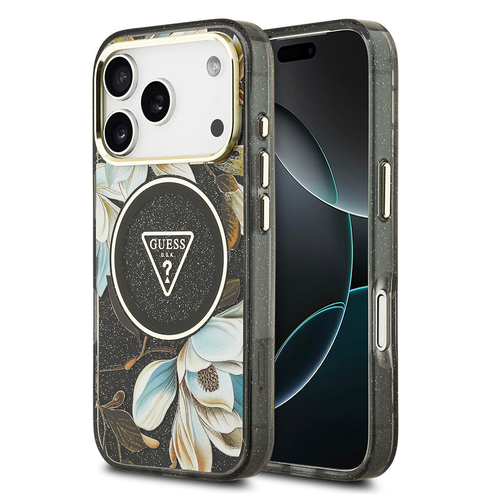 Apple iPhone 17 Pro Kılıf Guess Orjinal Lisanslı M-safe Şarj Özellikli Simli Çiçek Desenli Metal Kamera Çerçeveli Üçgen Logolu Kapak