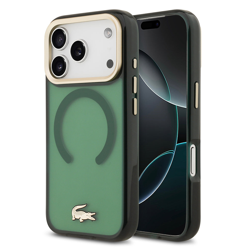 Apple iPhone 17 Pro Kılıf Lacoste Orjinal Lisanslı M-safe Şarj Özellikli Gold Timsah Logolu Buzlu Kapak