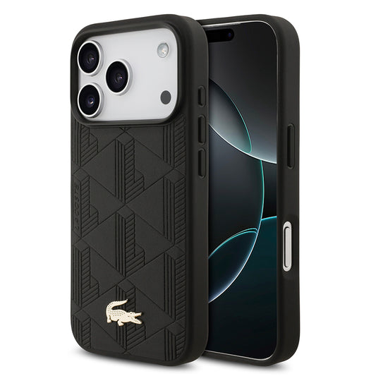Apple iPhone 17 Pro Kılıf Lacoste Orjinal Lisanslı M-safe Şarj Özellikli PU Deri Tasarımlı Karışık Monogram Desenli Kapak