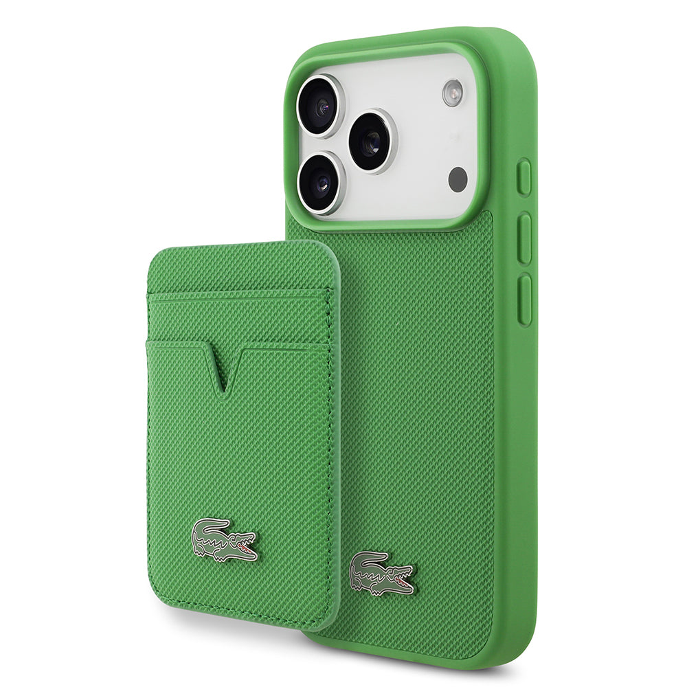 Apple iPhone 17 Pro Kılıf Lacoste Orjinal Lisanslı M-safe Şarj Özellikli PU Pike Desenli Metal Logolu Kartlıklı Kapak