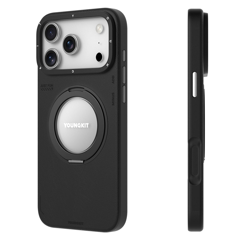 Apple iPhone 17 Pro Kılıf M-safe Şarj Özellikli 360 Derece Standlı Basit Mat Deri Desenli Youngkit Tech Leather Serisi Kapak Kahverengi