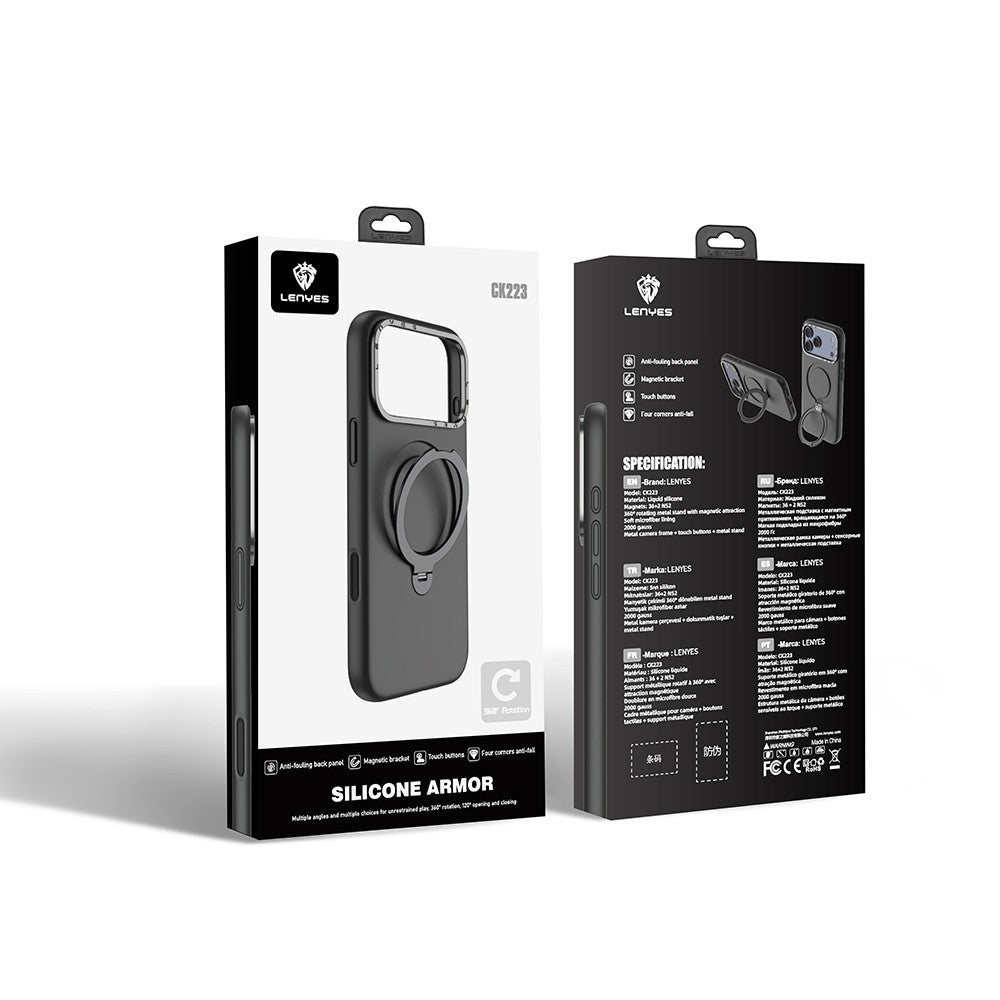 Apple iPhone 17 Pro Kılıf M-safe Şarj Özellikli Metal Standlı Sıvı Silikon Lenyes CK223 Kapak