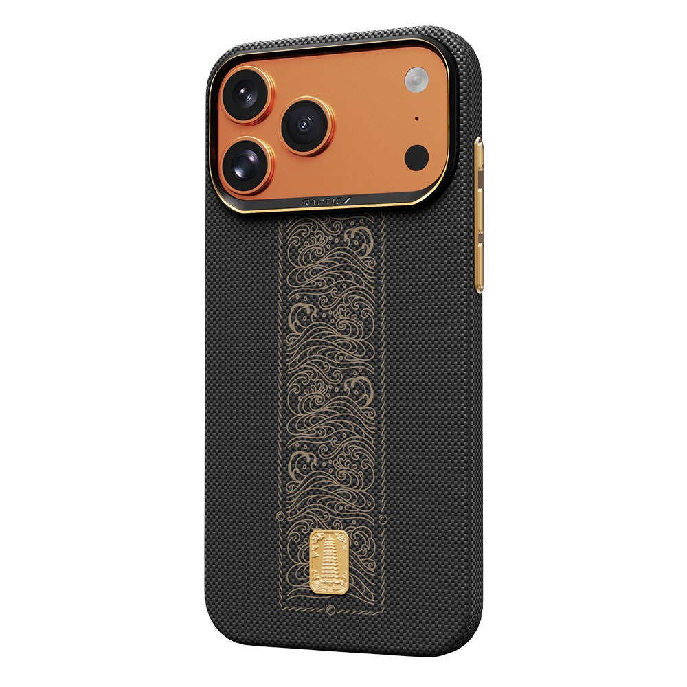 Apple iPhone 17 Pro Kılıf M-safe Şarj Özellikli Raptic Aramid Skin Rise Serisi 24 Ayar Altın Kaplamalı Karbon Kapak