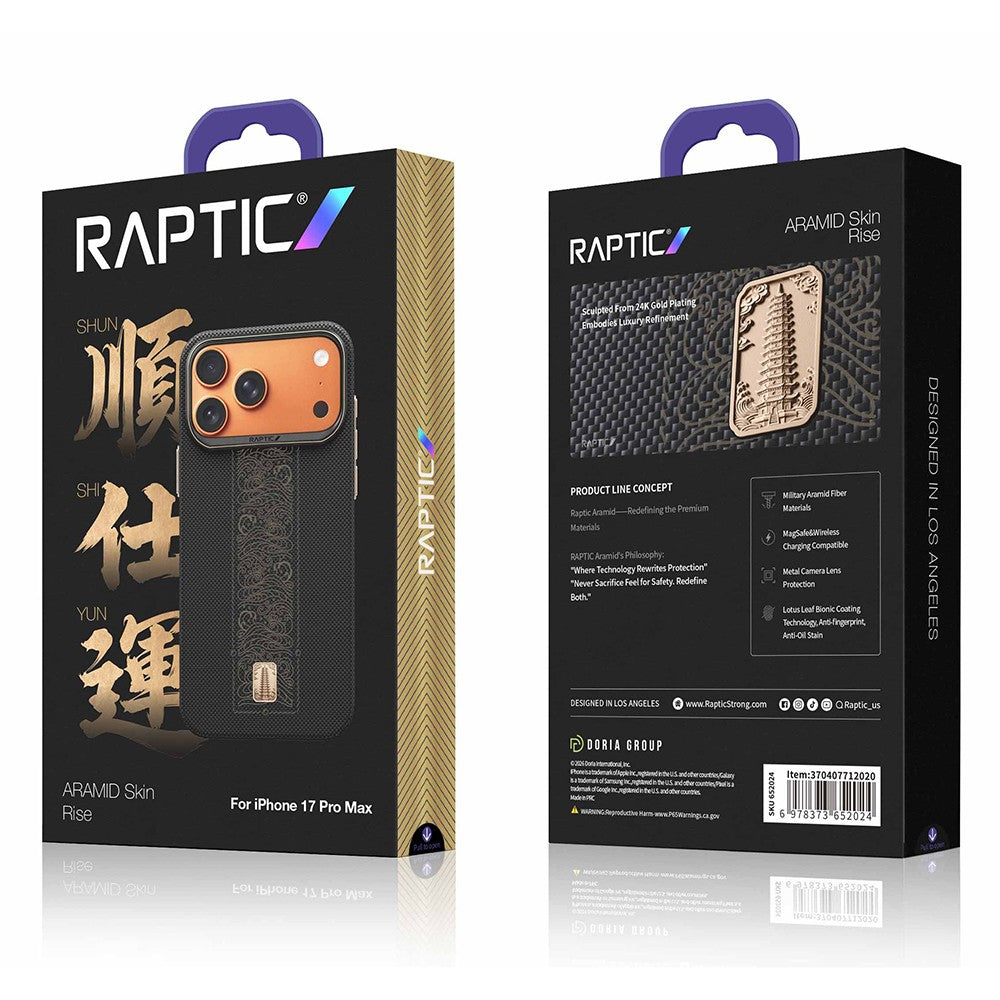 Apple iPhone 17 Pro Kılıf M-safe Şarj Özellikli Raptic Aramid Skin Rise Serisi 24 Ayar Altın Kaplamalı Karbon Kapak