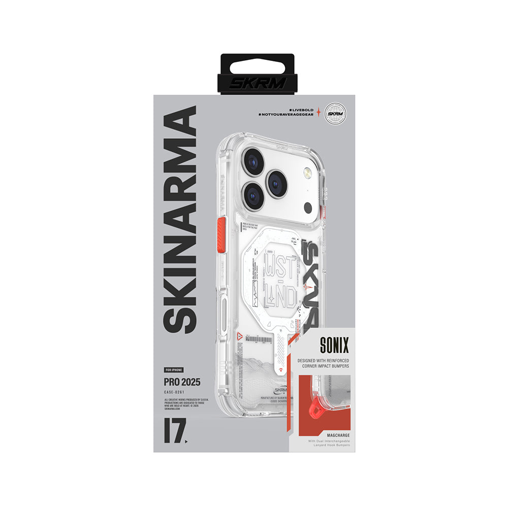 Apple iPhone 17 Pro Kılıf Skinarma M-safe Şarj Özellikli Yazı Desenli Airbag Tasarımlı Sonix Kapak Siyah