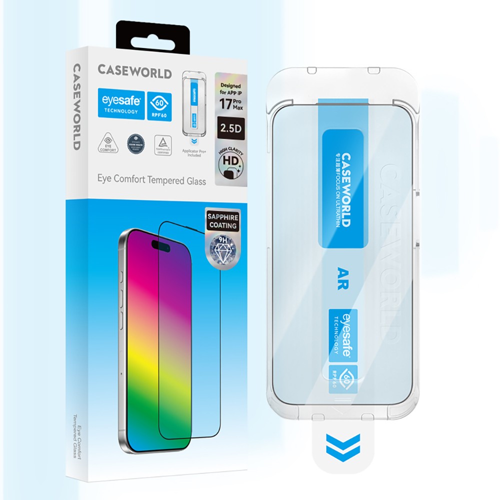 Apple iPhone 17 Pro Max CaseWorld Applicator Serisi 2.5D Eyesafe Mavi Işık Teknolojili Safir 0.33mm Temperli Cam Ekran Koruyucu + Uygulama Aparatı