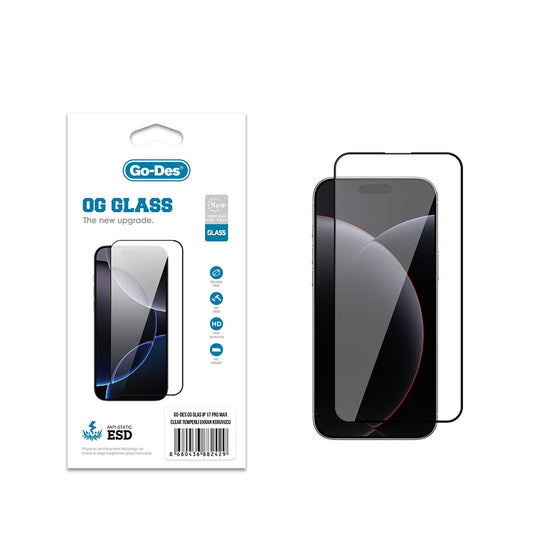 Apple iPhone 17 Pro Max Go Des OG Glass Antistatik Temperli Cam Ekran Koruyucu Şeffaf