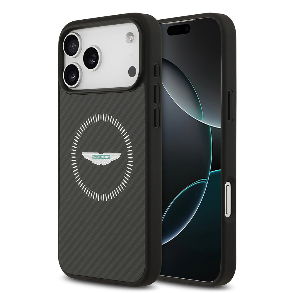 Apple iPhone 17 Pro Max Kılıf Aston Martin Orjinal Lisanslı M-safe Şarj Özellikli Karbon Fiber Kevlar Kapak