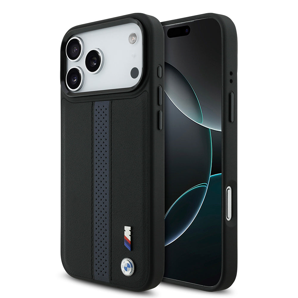 Apple iPhone 17 Pro Max Kılıf BMW Orjinal Lisanslı M-safe Şarj Özellikli Deri Arka Yüzey Metal Logolu Delikli Şerit Tasarımlı Kapak