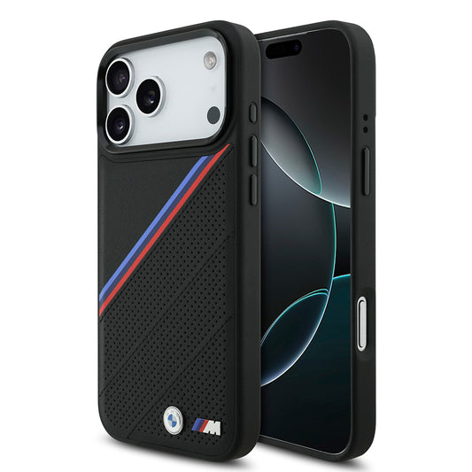 Apple iPhone 17 Pro Max Kılıf BMW Orjinal Lisanslı M-safe Şarj Özellikli M Logolu Üç Şeritli Delikli Deri Kapak Siyah