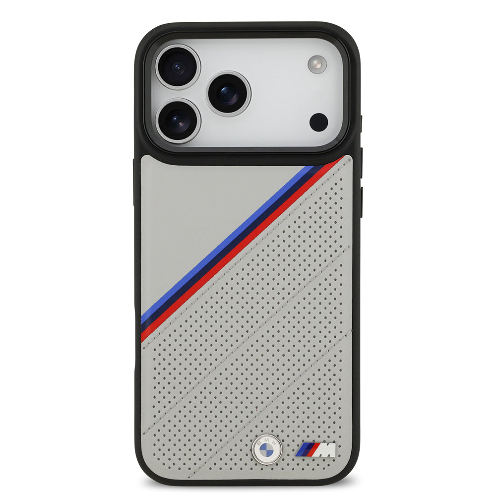 Apple iPhone 17 Pro Max Kılıf BMW Orjinal Lisanslı M-safe Şarj Özellikli M Logolu Üç Şeritli Delikli Deri Kapak Siyah