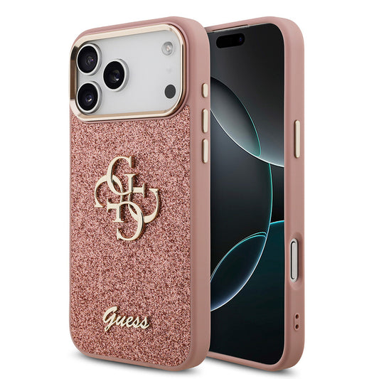 Apple iPhone 17 Pro Max Kılıf Guess Orjinal Lisanslı 4G Büyük Metal Kamera Çerçeveli ve Logolu Glitter Kapak Siyah
