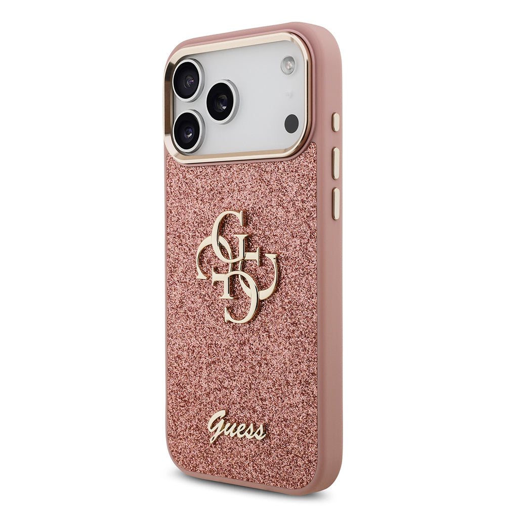 Apple iPhone 17 Pro Max Kılıf Guess Orjinal Lisanslı 4G Büyük Metal Kamera Çerçeveli ve Logolu Glitter Kapak Gri