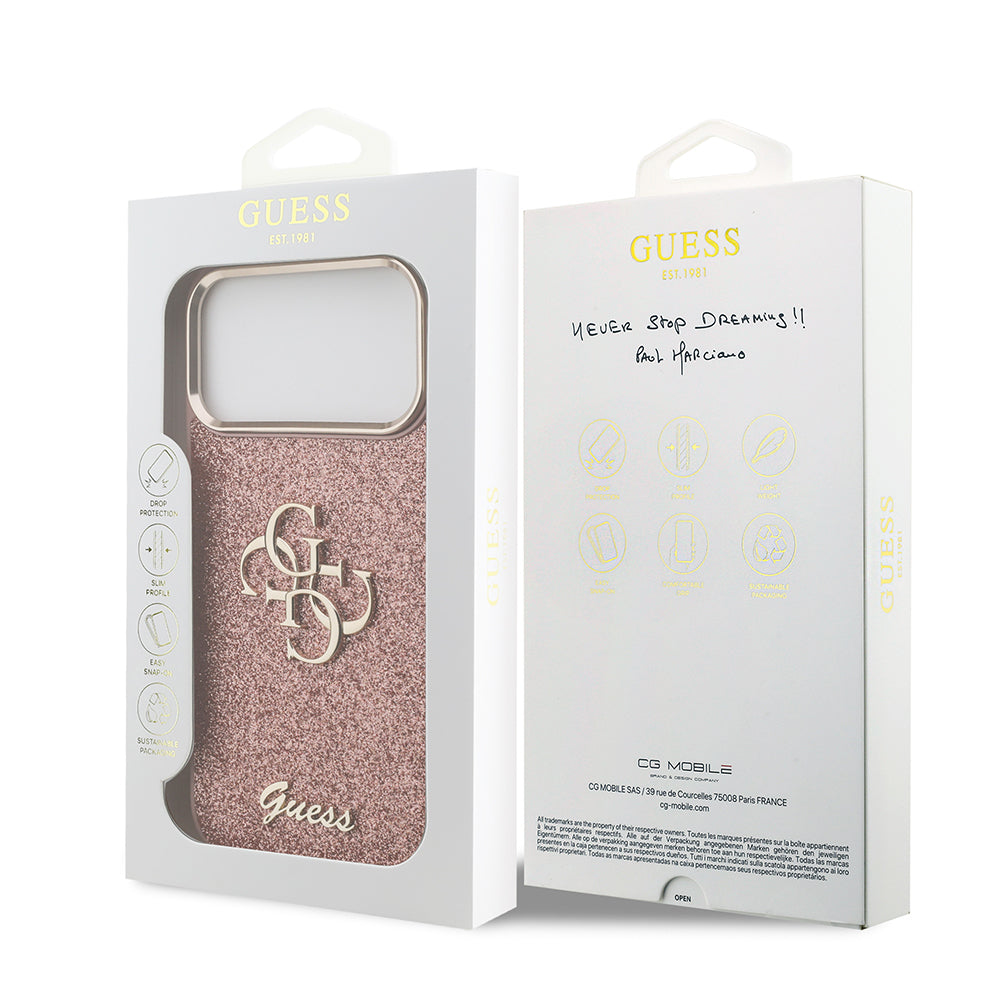 Apple iPhone 17 Pro Max Kılıf Guess Orjinal Lisanslı 4G Büyük Metal Kamera Çerçeveli ve Logolu Glitter Kapak Gri
