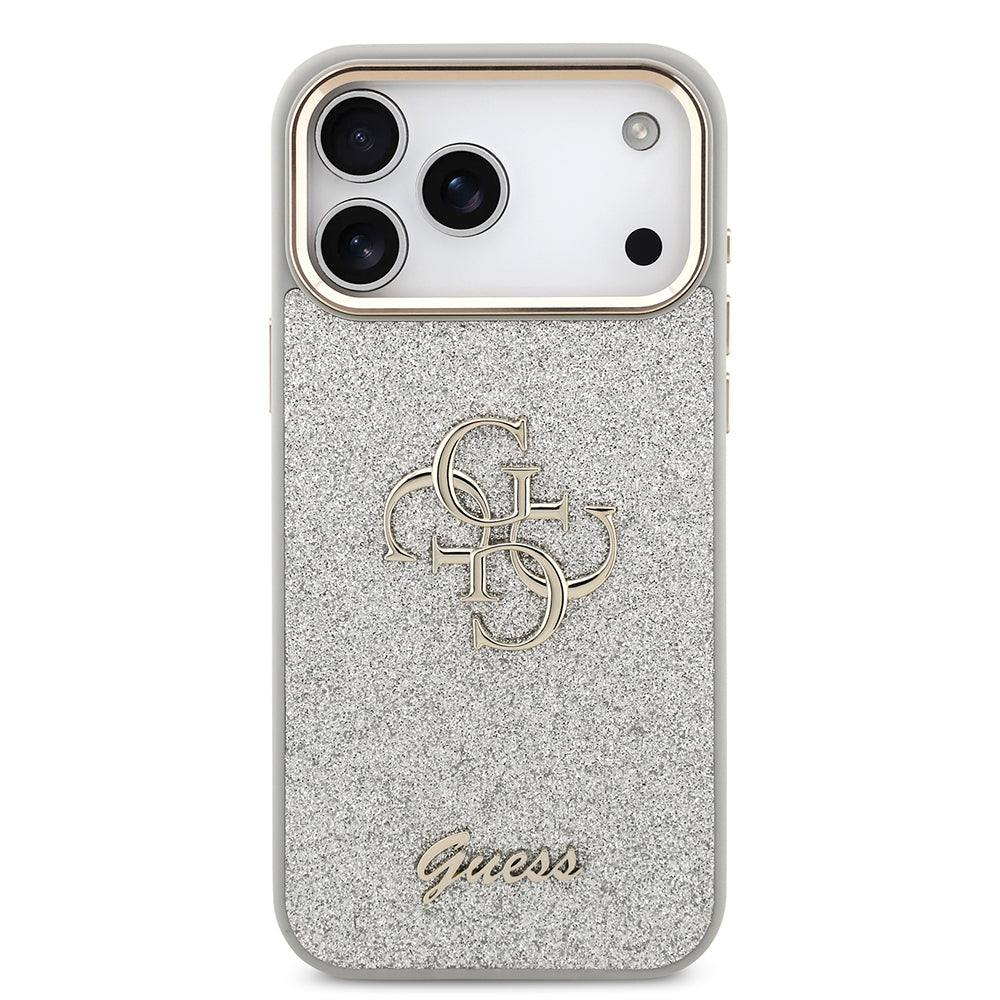 Apple iPhone 17 Pro Max Kılıf Guess Orjinal Lisanslı 4G Büyük Metal Kamera Çerçeveli ve Logolu Glitter Kapak Gri
