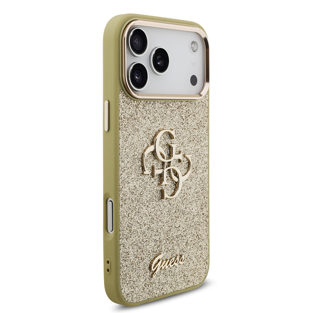 Apple iPhone 17 Pro Max Kılıf Guess Orjinal Lisanslı 4G Büyük Metal Kamera Çerçeveli ve Logolu Glitter Kapak Gold