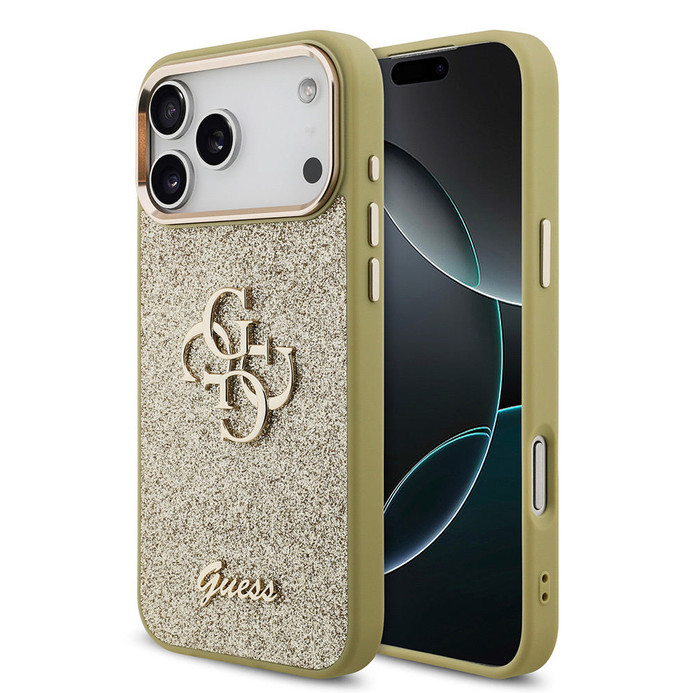 Apple iPhone 17 Pro Max Kılıf Guess Orjinal Lisanslı 4G Büyük Metal Kamera Çerçeveli ve Logolu Glitter Kapak Gold