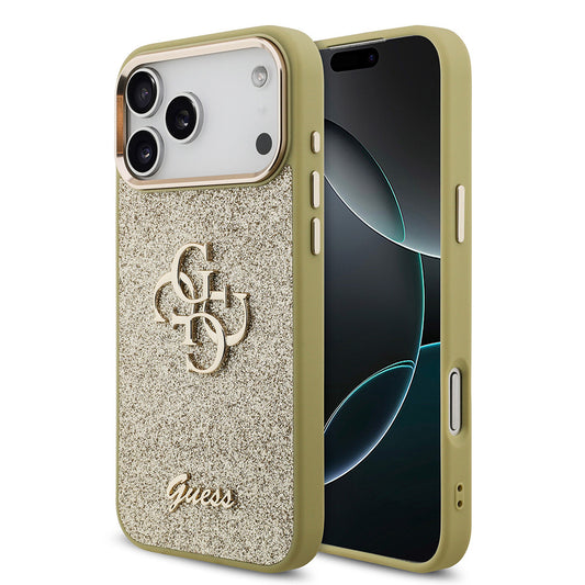 Apple iPhone 17 Pro Max Kılıf Guess Orjinal Lisanslı 4G Büyük Metal Kamera Çerçeveli ve Logolu Glitter Kapak Gold