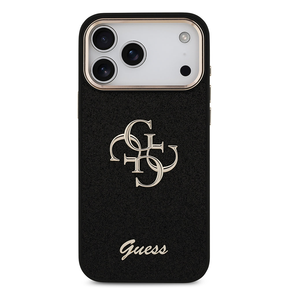 Apple iPhone 17 Pro Max Kılıf Guess Orjinal Lisanslı 4G Büyük Metal Kamera Çerçeveli ve Logolu Glitter Kapak Gri
