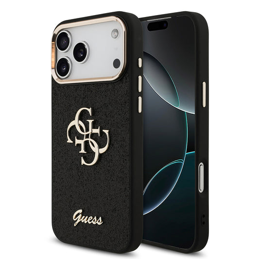 Apple iPhone 17 Pro Max Kılıf Guess Orjinal Lisanslı 4G Büyük Metal Kamera Çerçeveli ve Logolu Glitter Kapak Siyah