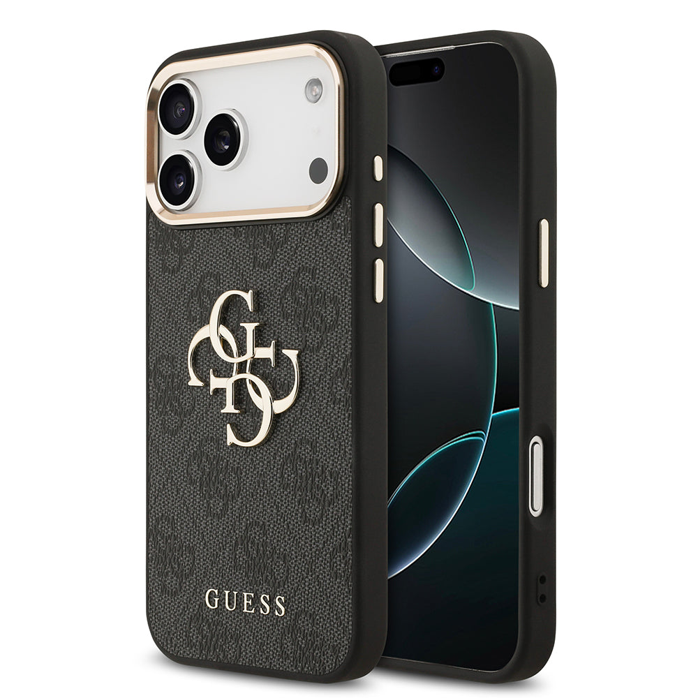 Apple iPhone 17 Pro Max Kılıf Guess Orjinal Lisanslı Gold Metal Kamera Çerçeveli 4G Desenli Metal Büyük 4G ve Yazı Logolu Kapak Pembe