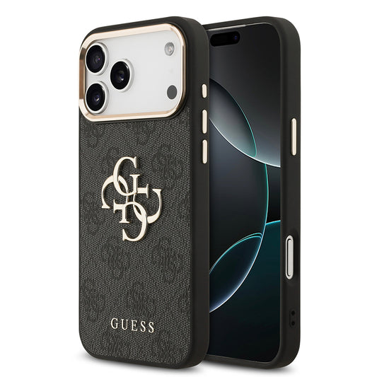 Apple iPhone 17 Pro Max Kılıf Guess Orjinal Lisanslı Gold Metal Kamera Çerçeveli 4G Desenli Metal Büyük 4G ve Yazı Logolu Kapak Pembe