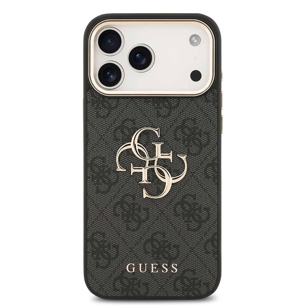 Apple iPhone 17 Pro Max Kılıf Guess Orjinal Lisanslı Gold Metal Kamera Çerçeveli 4G Desenli Metal Büyük 4G ve Yazı Logolu Kapak Pembe