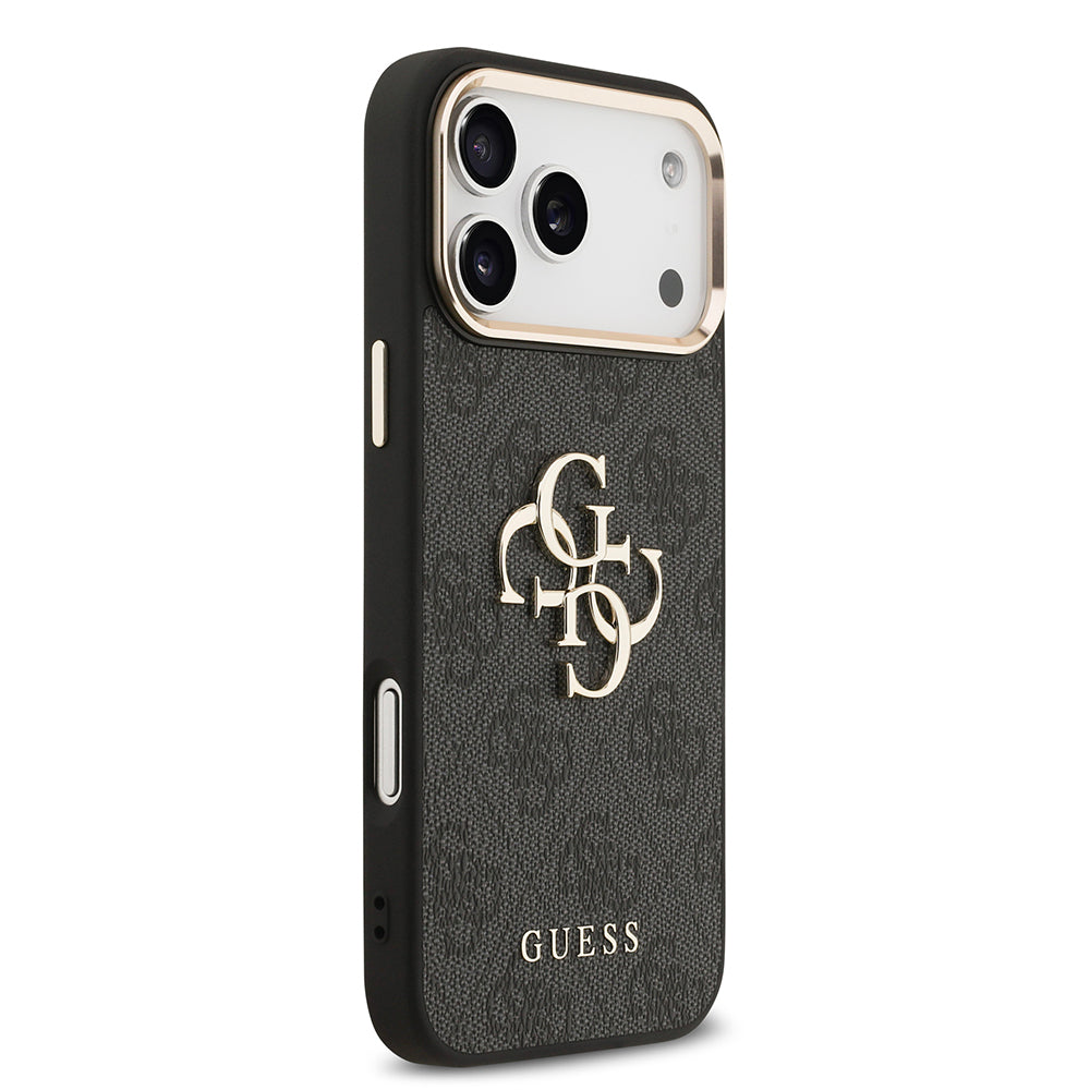 Apple iPhone 17 Pro Max Kılıf Guess Orjinal Lisanslı Gold Metal Kamera Çerçeveli 4G Desenli Metal Büyük 4G ve Yazı Logolu Kapak Pembe