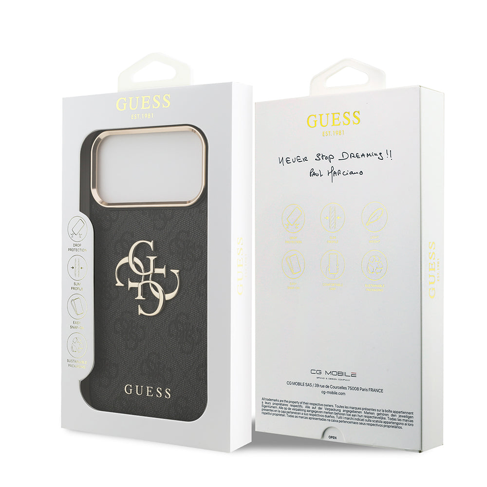 Apple iPhone 17 Pro Max Kılıf Guess Orjinal Lisanslı Gold Metal Kamera Çerçeveli 4G Desenli Metal Büyük 4G ve Yazı Logolu Kapak Pembe