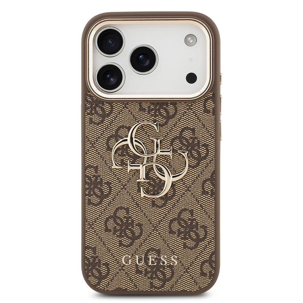 Apple iPhone 17 Pro Max Kılıf Guess Orjinal Lisanslı Gold Metal Kamera Çerçeveli 4G Desenli Metal Büyük 4G ve Yazı Logolu Kapak Pembe