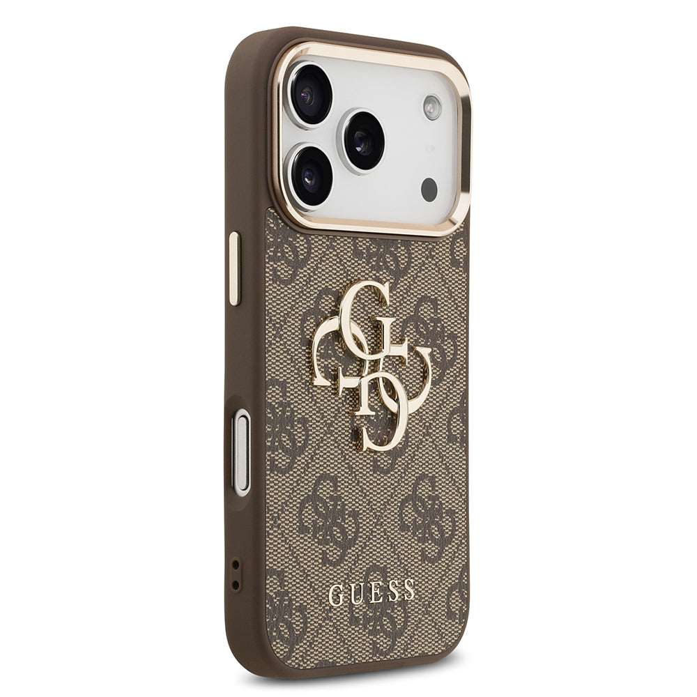 Apple iPhone 17 Pro Max Kılıf Guess Orjinal Lisanslı Gold Metal Kamera Çerçeveli 4G Desenli Metal Büyük 4G ve Yazı Logolu Kapak Pembe