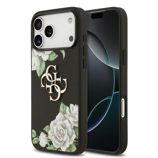 Apple iPhone 17 Pro Max Kılıf Guess Orjinal Lisanslı Gül Baskılı Büyük Metal Logo Dizaynlı Kapak