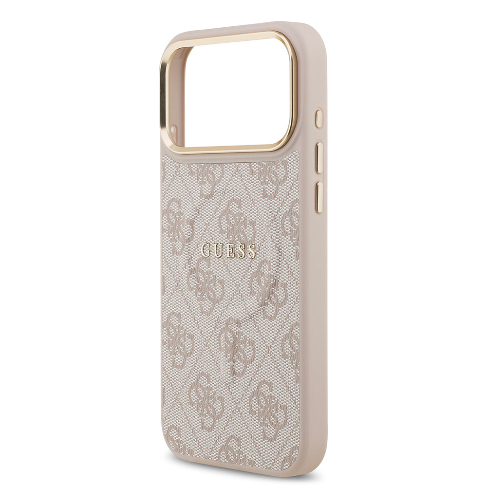 Apple iPhone 17 Pro Max Kılıf Guess Orjinal Lisanslı M-safe Şarj Özellikli Gold Metal Kamera Çerçeveli PU Deri 4G Desenli Yazı Logolu Kapak Kahverengi