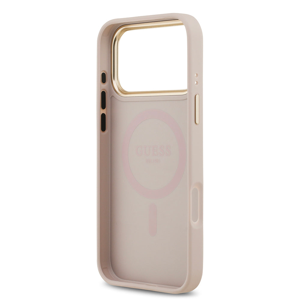 Apple iPhone 17 Pro Max Kılıf Guess Orjinal Lisanslı M-safe Şarj Özellikli Gold Metal Kamera Çerçeveli PU Deri 4G Desenli Yazı Logolu Kapak Kahverengi