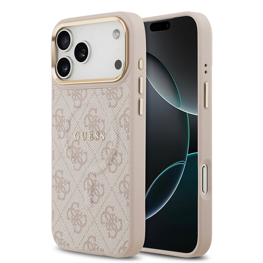 Apple iPhone 17 Pro Max Kılıf Guess Orjinal Lisanslı M-safe Şarj Özellikli Gold Metal Kamera Çerçeveli PU Deri 4G Desenli Yazı Logolu Kapak Kahverengi