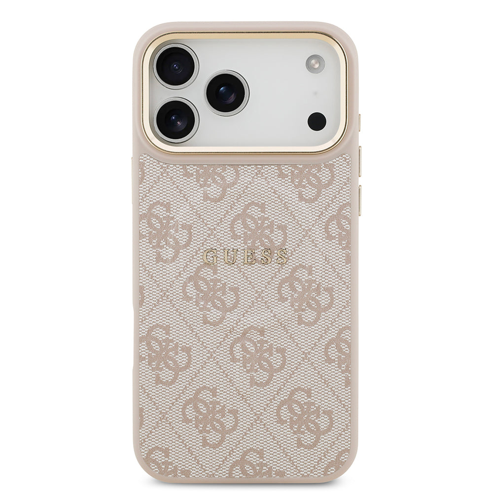 Apple iPhone 17 Pro Max Kılıf Guess Orjinal Lisanslı M-safe Şarj Özellikli Gold Metal Kamera Çerçeveli PU Deri 4G Desenli Yazı Logolu Kapak Kahverengi