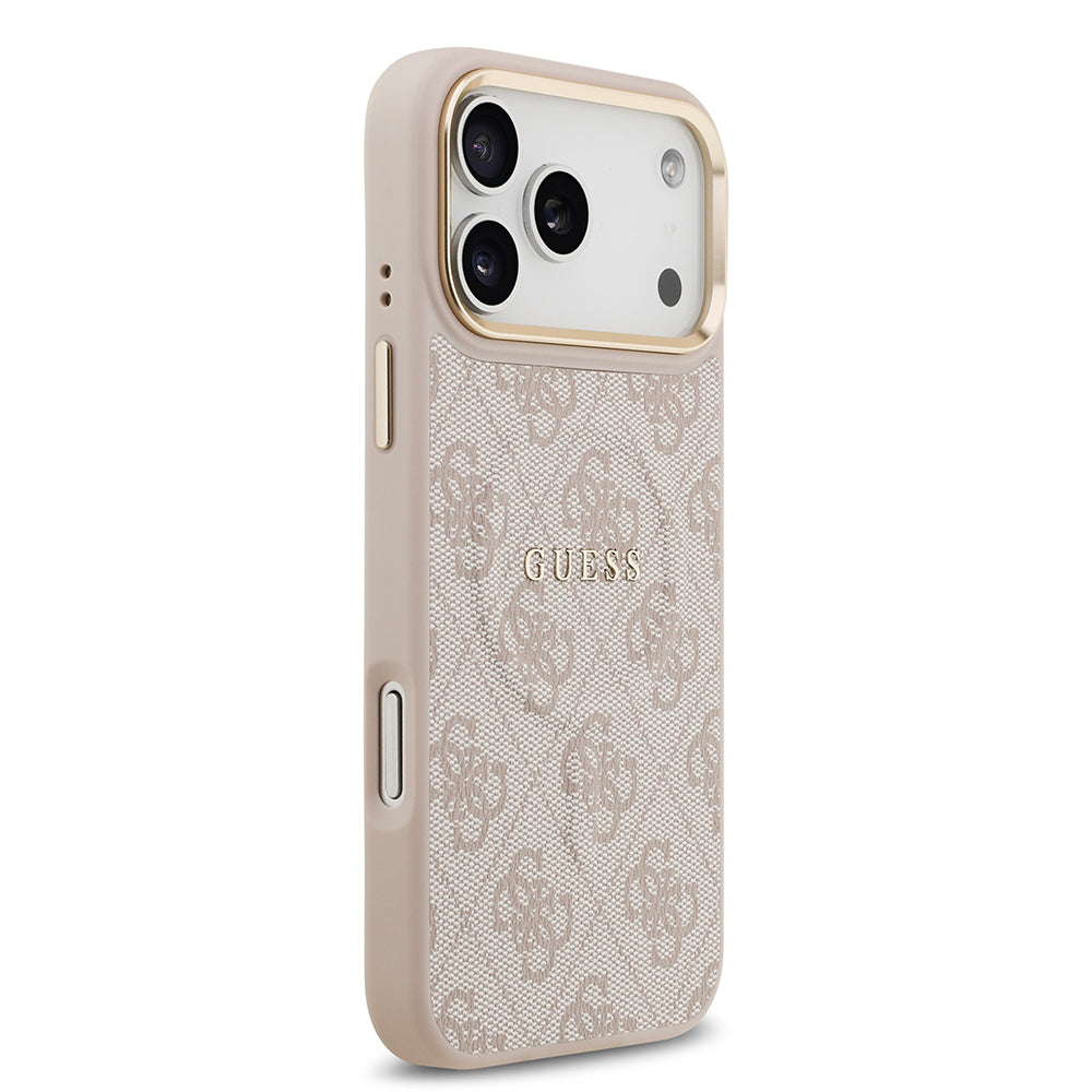 Apple iPhone 17 Pro Max Kılıf Guess Orjinal Lisanslı M-safe Şarj Özellikli Gold Metal Kamera Çerçeveli PU Deri 4G Desenli Yazı Logolu Kapak Kahverengi