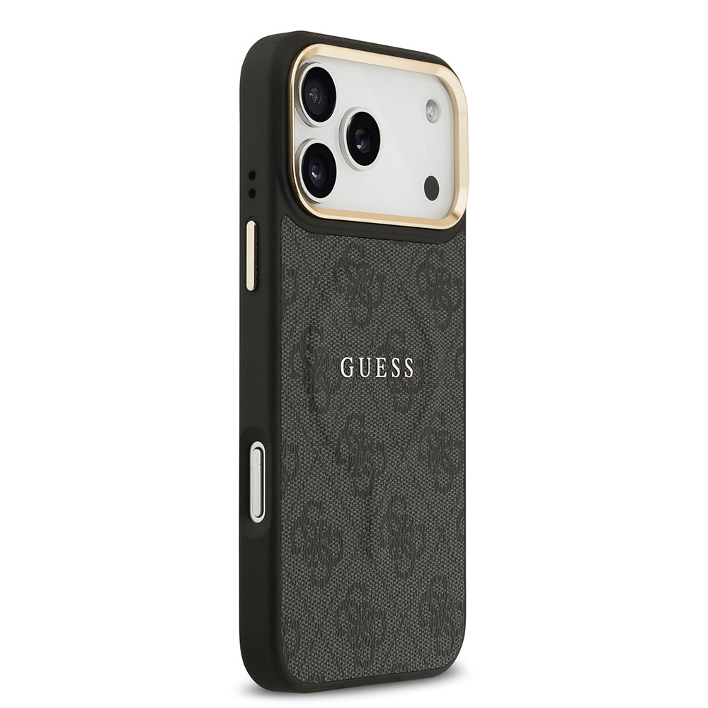 Apple iPhone 17 Pro Max Kılıf Guess Orjinal Lisanslı M-safe Şarj Özellikli Gold Metal Kamera Çerçeveli PU Deri 4G Desenli Yazı Logolu Kapak Kahverengi