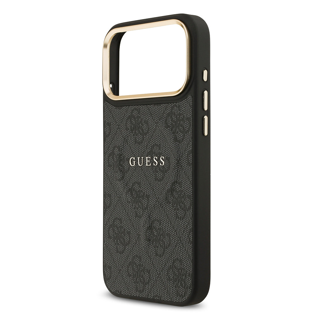 Apple iPhone 17 Pro Max Kılıf Guess Orjinal Lisanslı M-safe Şarj Özellikli Gold Metal Kamera Çerçeveli PU Deri 4G Desenli Yazı Logolu Kapak Pembe