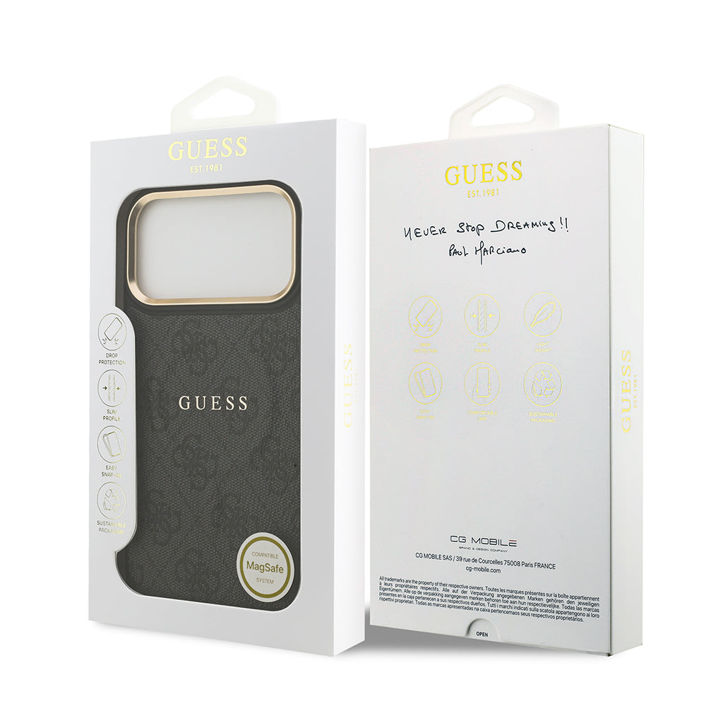 Apple iPhone 17 Pro Max Kılıf Guess Orjinal Lisanslı M-safe Şarj Özellikli Gold Metal Kamera Çerçeveli PU Deri 4G Desenli Yazı Logolu Kapak Kahverengi