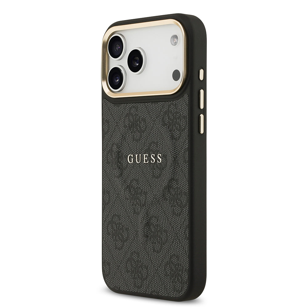 Apple iPhone 17 Pro Max Kılıf Guess Orjinal Lisanslı M-safe Şarj Özellikli Gold Metal Kamera Çerçeveli PU Deri 4G Desenli Yazı Logolu Kapak Pembe