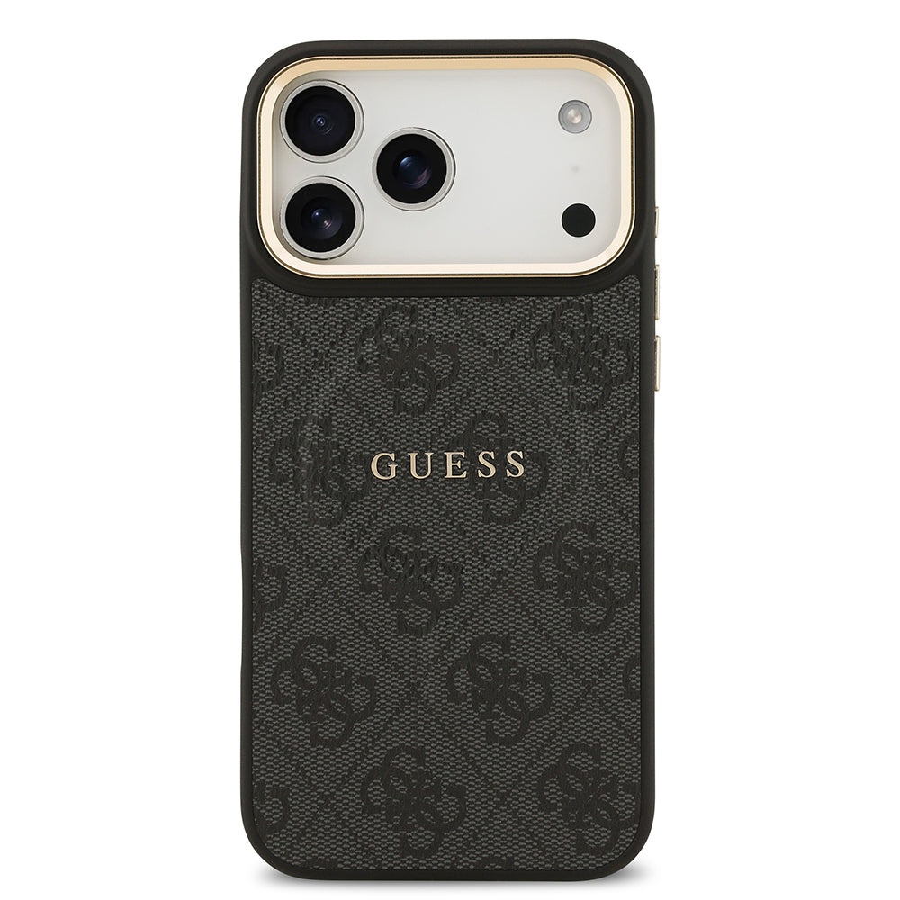 Apple iPhone 17 Pro Max Kılıf Guess Orjinal Lisanslı M-safe Şarj Özellikli Gold Metal Kamera Çerçeveli PU Deri 4G Desenli Yazı Logolu Kapak Kahverengi
