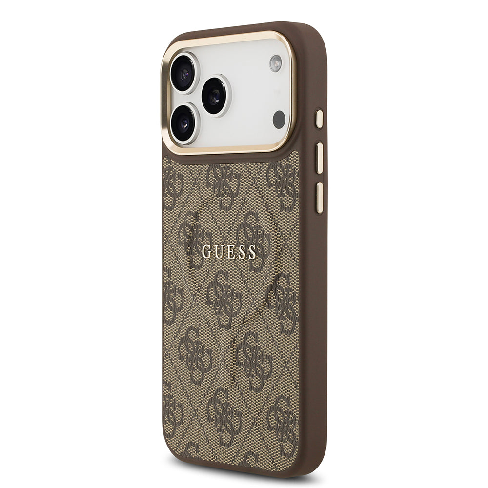 Apple iPhone 17 Pro Max Kılıf Guess Orjinal Lisanslı M-safe Şarj Özellikli Gold Metal Kamera Çerçeveli PU Deri 4G Desenli Yazı Logolu Kapak Pembe