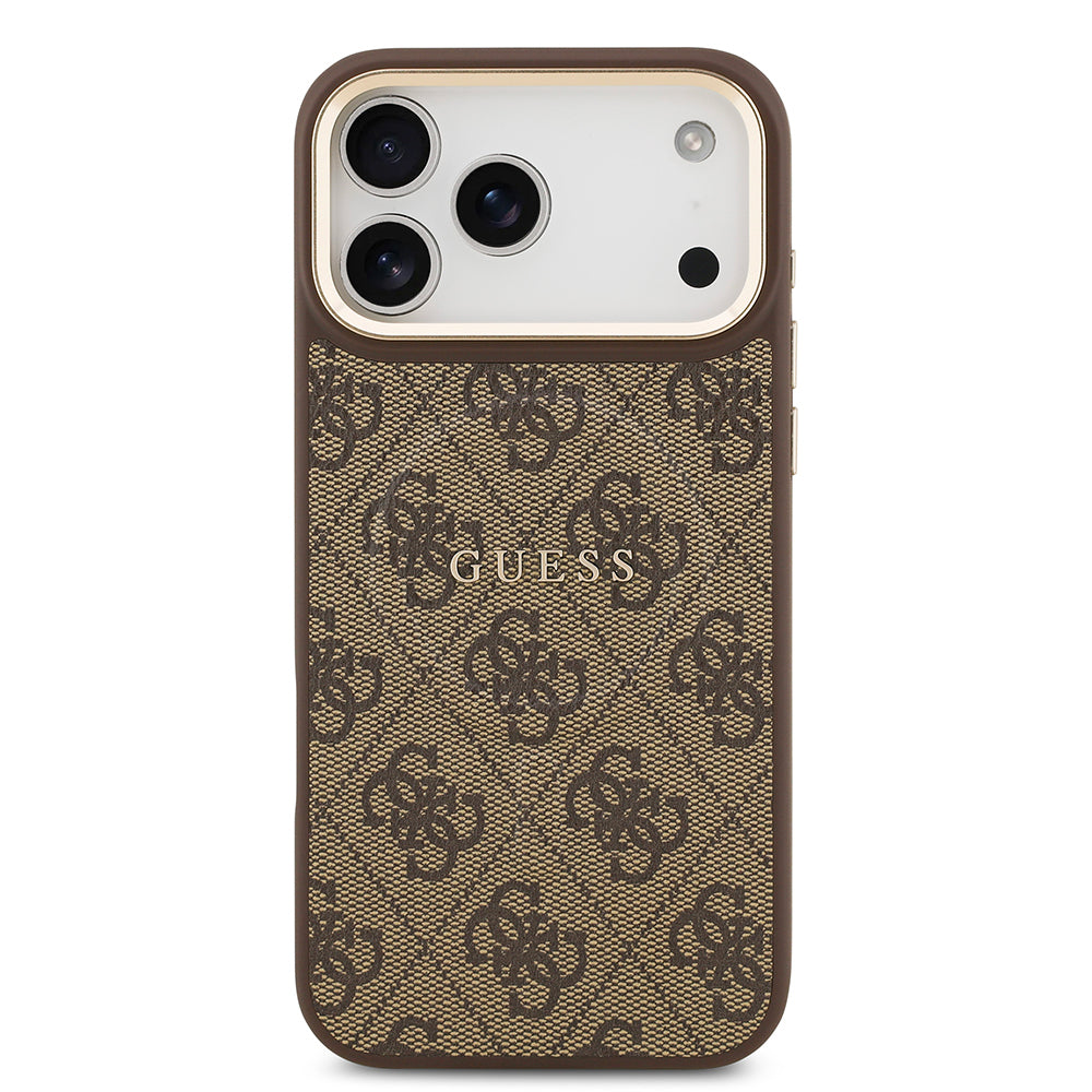 Apple iPhone 17 Pro Max Kılıf Guess Orjinal Lisanslı M-safe Şarj Özellikli Gold Metal Kamera Çerçeveli PU Deri 4G Desenli Yazı Logolu Kapak Pembe