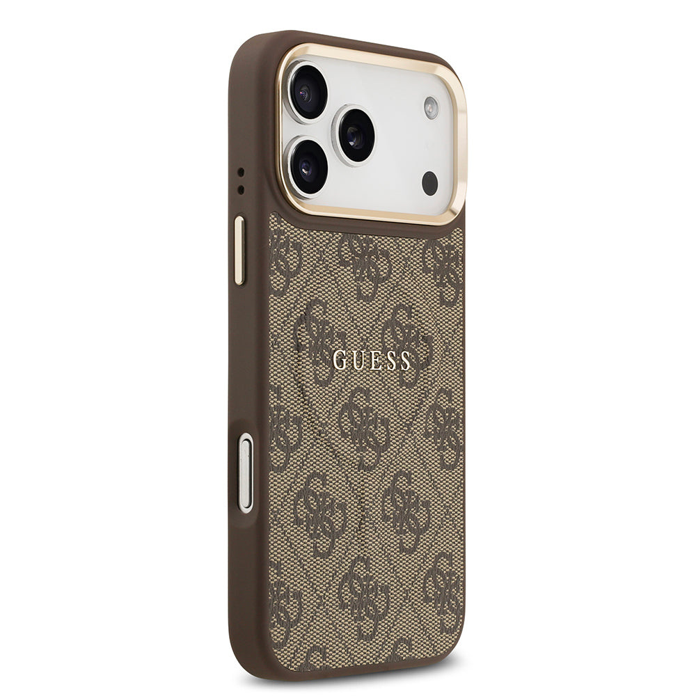 Apple iPhone 17 Pro Max Kılıf Guess Orjinal Lisanslı M-safe Şarj Özellikli Gold Metal Kamera Çerçeveli PU Deri 4G Desenli Yazı Logolu Kapak Pembe