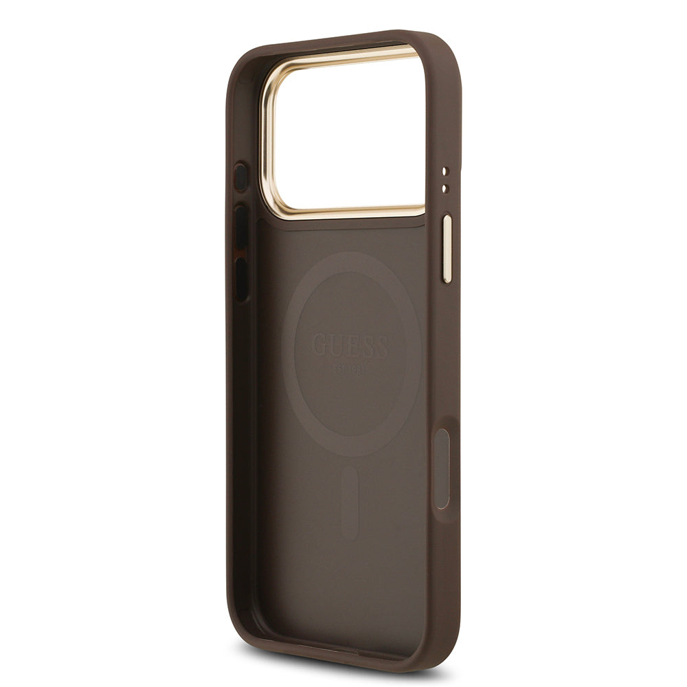 Apple iPhone 17 Pro Max Kılıf Guess Orjinal Lisanslı M-safe Şarj Özellikli Gold Metal Kamera Çerçeveli PU Deri 4G Desenli Yazı Logolu Kapak Pembe