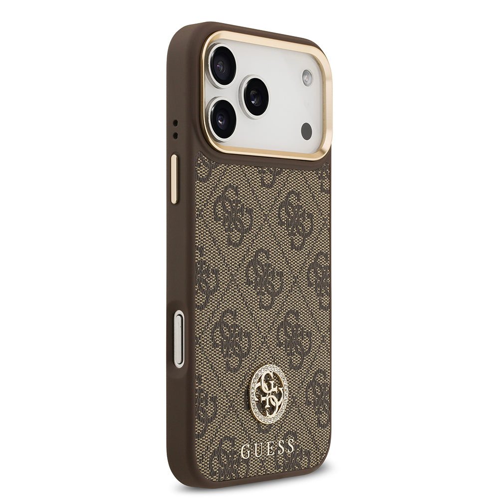 Apple iPhone 17 Pro Max Kılıf Guess Orjinal Lisanslı M-safe Şarj Özellikli Gold Metal Kamera Çerçeveli Taşlı 4G Logolu Kapak Siyah