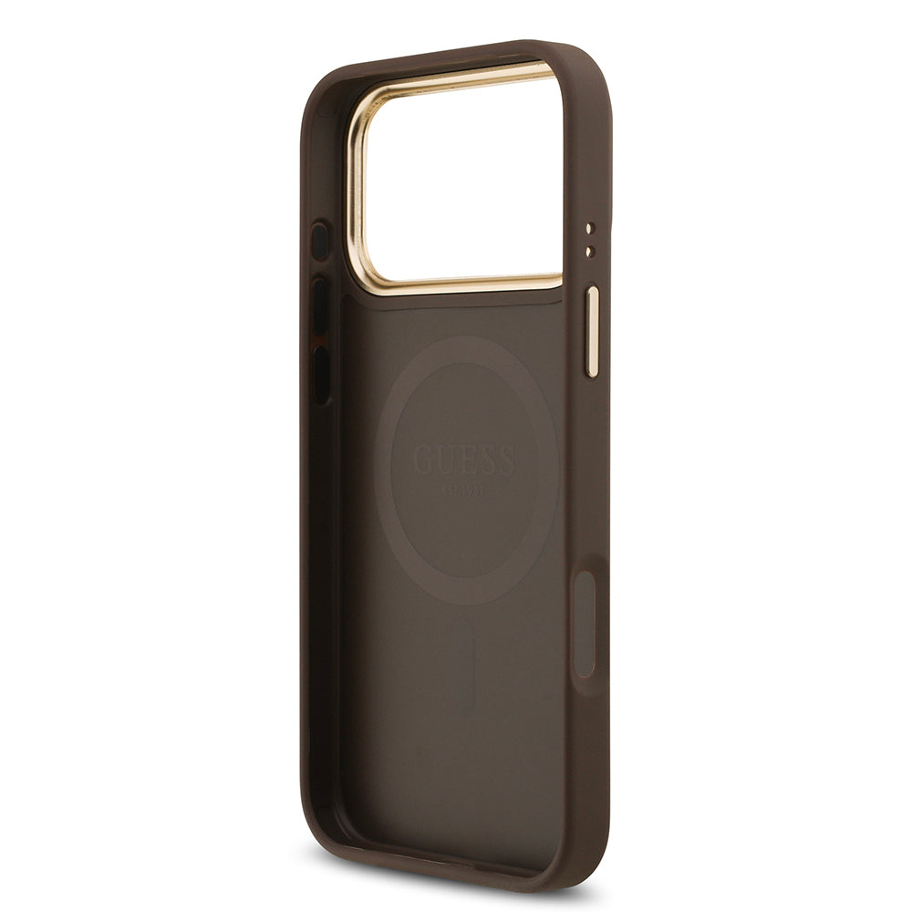 Apple iPhone 17 Pro Max Kılıf Guess Orjinal Lisanslı M-safe Şarj Özellikli Gold Metal Kamera Çerçeveli Taşlı 4G Logolu Kapak Kahverengi